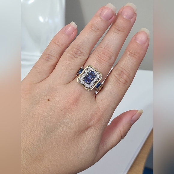 Gems en Vogue Boho Mogok Blue Sapphire 24K Plated Sterling Silver Statement Ring - Picture 11 of 16